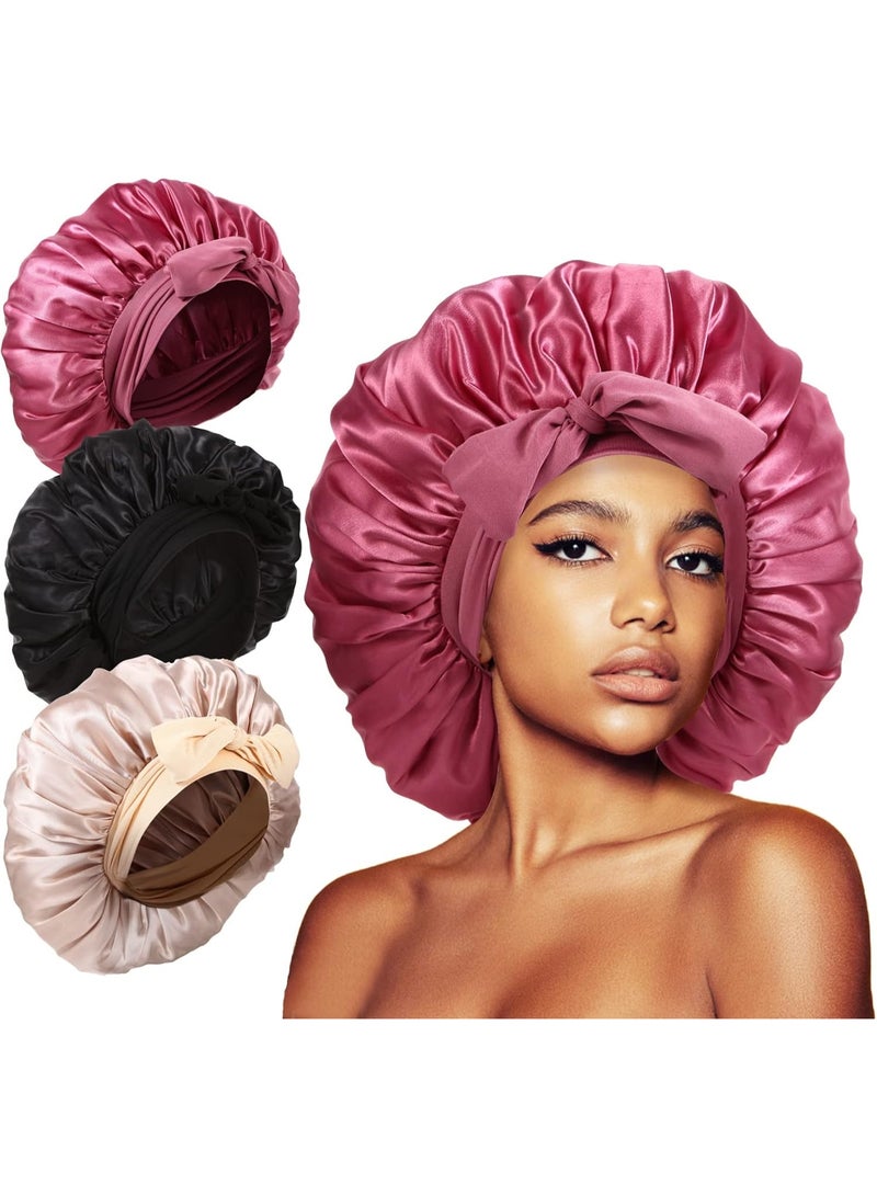 3Pcs Bonnet Silk For Sleeping, Satin Sleeping Extra Large Hair Bonnets Black Curly Women Jumbo With Tie Band Braids Shower Cap - Image 1
