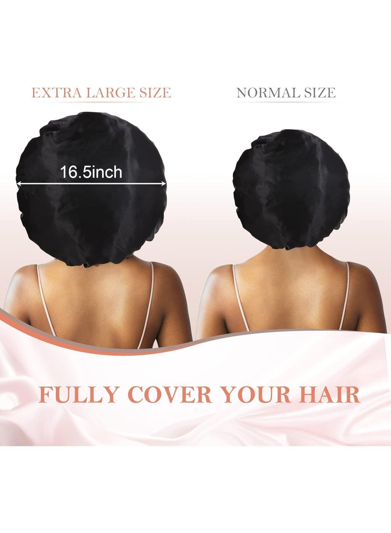3Pcs Bonnet Silk For Sleeping, Satin Sleeping Extra Large Hair Bonnets Black Curly Women Jumbo With Tie Band Braids Shower Cap - Image 2