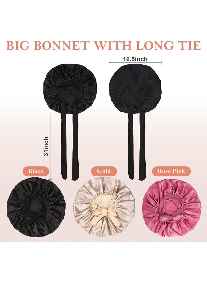 3Pcs Bonnet Silk For Sleeping, Satin Sleeping Extra Large Hair Bonnets Black Curly Women Jumbo With Tie Band Braids Shower Cap - Image 5