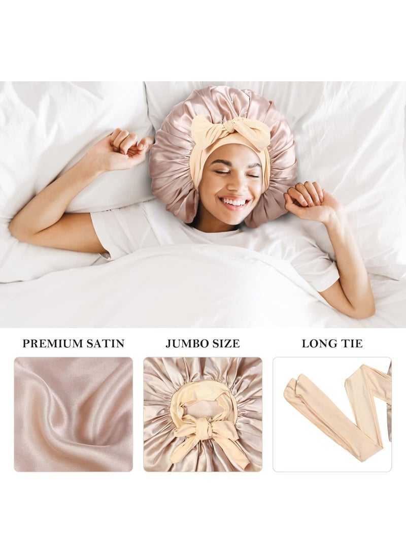 3Pcs Bonnet Silk For Sleeping, Satin Sleeping Extra Large Hair Bonnets Black Curly Women Jumbo With Tie Band Braids Shower Cap - Image 3