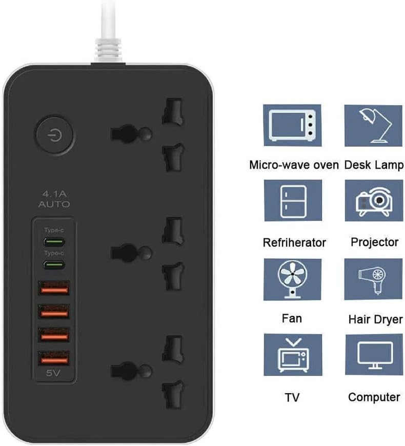NOJTI لوح تمديد، شريط كهربائي بـ 6 منافذ USB و٣ منافذ عامة، كابل تمديد بقدرة 2500 واط وجهد 10 أمبير، شريط كهربائي مزود بحامي من الصدمات الكهربائية ثلاثي الأطراف للاستخدام المنزلي والمكتبي وأجهزة الكمبيوتر وشحن الهواتف المحمولة (لون أبيض - Z65) - Image 4