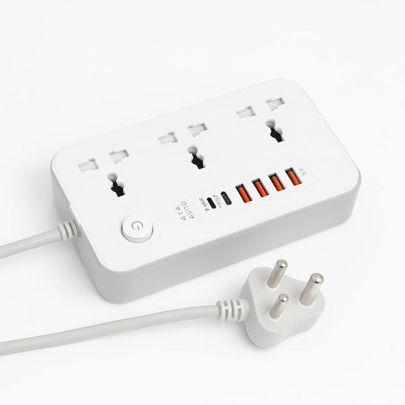 NOJTI لوح تمديد، شريط كهربائي بـ 6 منافذ USB و٣ منافذ عامة، كابل تمديد بقدرة 2500 واط وجهد 10 أمبير، شريط كهربائي مزود بحامي من الصدمات الكهربائية ثلاثي الأطراف للاستخدام المنزلي والمكتبي وأجهزة الكمبيوتر وشحن الهواتف المحمولة (لون أبيض - Z65) - Image 1