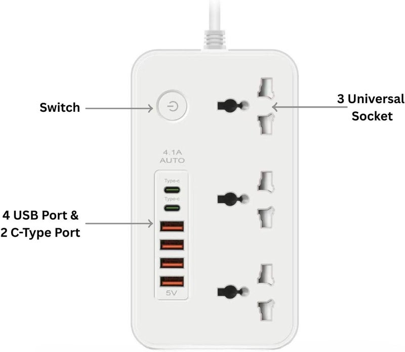NOJTI لوح تمديد، شريط كهربائي بـ 6 منافذ USB و٣ منافذ عامة، كابل تمديد بقدرة 2500 واط وجهد 10 أمبير، شريط كهربائي مزود بحامي من الصدمات الكهربائية ثلاثي الأطراف للاستخدام المنزلي والمكتبي وأجهزة الكمبيوتر وشحن الهواتف المحمولة (لون أبيض - Z65) - Image 3