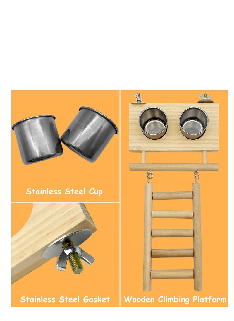 Bird Food Stainless Steel Cups Wooden Perch Stand, Hanging Feeder Bowls, Hanging Bird-Feeder, Feeding and Watering Supplies for Parakeets Conures Cockatiels Budgie Parrot