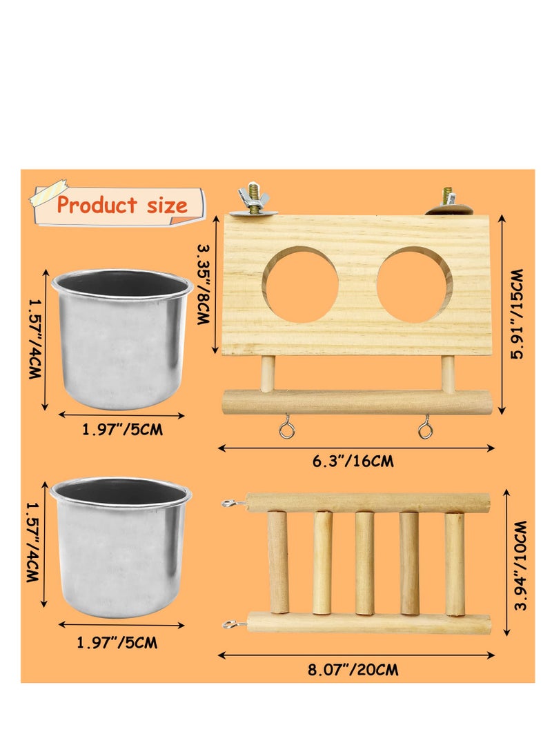 Bird Food Stainless Steel Cups Wooden Perch Stand, Hanging Feeder Bowls, Hanging Bird-Feeder, Feeding and Watering Supplies for Parakeets Conures Cockatiels Budgie Parrot