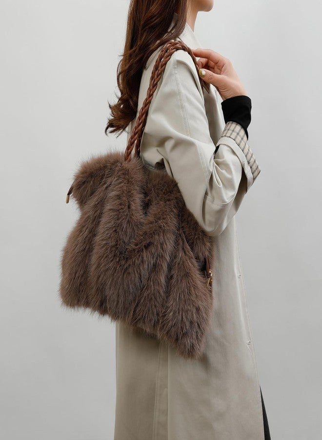 Extolove Furry Purse Winter Fluffy Bags for Women Fuzzy Tote Bag Handbags Faux Fur Bag Fluffy Shoulder Crossbody Bag, Coffee, Medium - Image 2