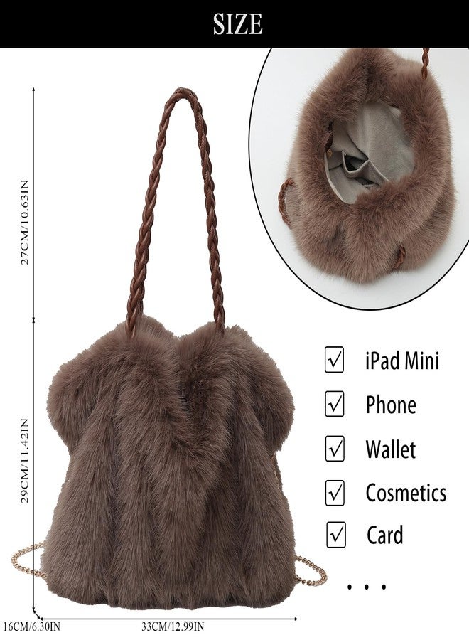 Extolove Furry Purse Winter Fluffy Bags for Women Fuzzy Tote Bag Handbags Faux Fur Bag Fluffy Shoulder Crossbody Bag, Coffee, Medium - Image 4