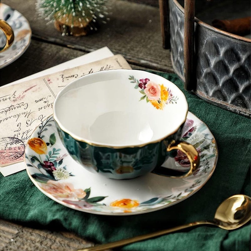ONEUSTAR Tea Cup and Saucer Set for 1 Bone China Floral Teacup with Spoon 8 oz Coffee Cup Cappuccino Latte Mug for Birthday Christmas Gift Green - Image 1