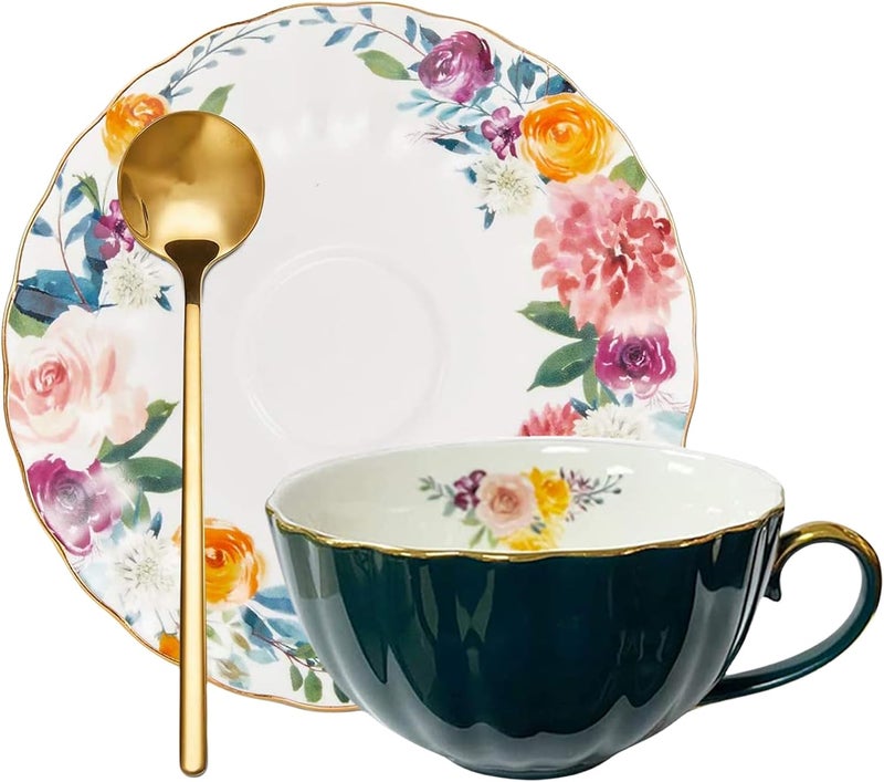 ONEUSTAR Tea Cup and Saucer Set for 1 Bone China Floral Teacup with Spoon 8 oz Coffee Cup Cappuccino Latte Mug for Birthday Christmas Gift Green - Image 5