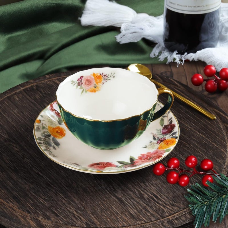 ONEUSTAR Tea Cup and Saucer Set for 1 Bone China Floral Teacup with Spoon 8 oz Coffee Cup Cappuccino Latte Mug for Birthday Christmas Gift Green - Image 3