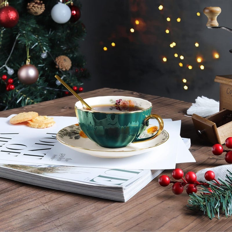 ONEUSTAR Tea Cup and Saucer Set for 1 Bone China Floral Teacup with Spoon 8 oz Coffee Cup Cappuccino Latte Mug for Birthday Christmas Gift Green - Image 4