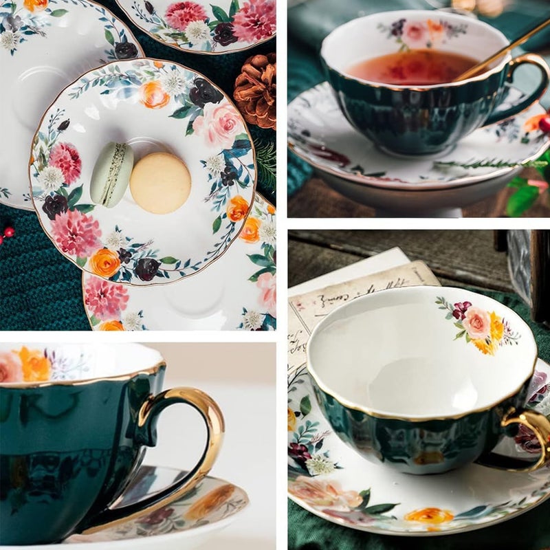 ONEUSTAR Tea Cup and Saucer Set for 1 Bone China Floral Teacup with Spoon 8 oz Coffee Cup Cappuccino Latte Mug for Birthday Christmas Gift Green - Image 2