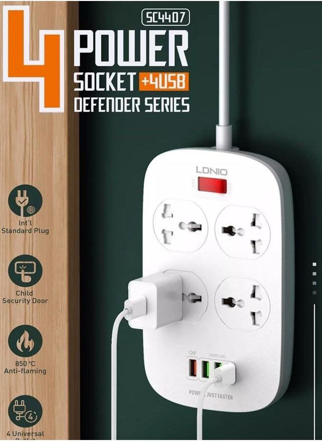 LDNIO - 2500W Power Extension Socket with 4 Power Sockets and 18W USB Ports | Defender Series Power Strip with QC USB Port Fast Charging | 2M Power Cord - Image 1