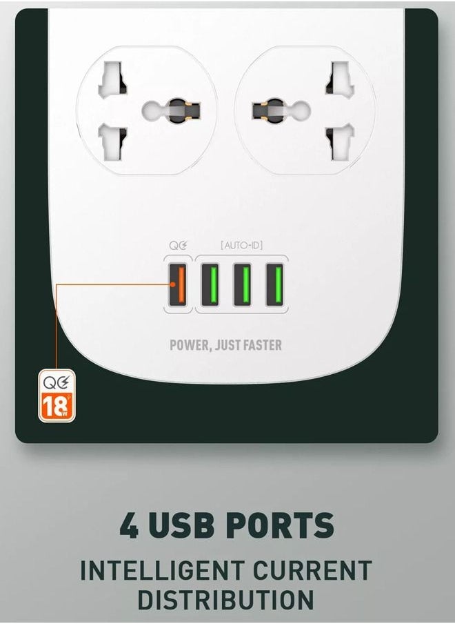 LDNIO - 2500W Power Extension Socket with 4 Power Sockets and 18W USB Ports | Defender Series Power Strip with QC USB Port Fast Charging | 2M Power Cord - Image 1