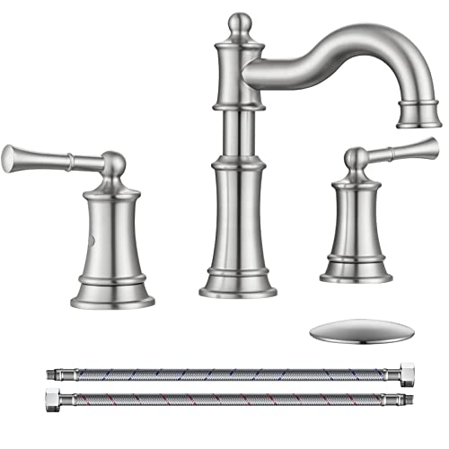 WINKEAR Roman Bathroom Sink Faucet Deck Mount or Wall Mount Installation Pop-up Drain Assembly with Overflow Deck Plate and Water Supply Lines Included (3 Hole Deck Mount, Brushed Nickel) - Image 1