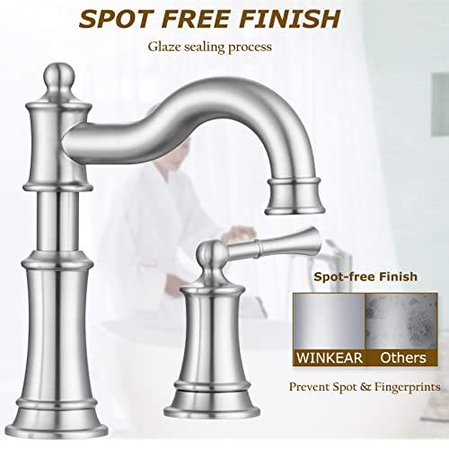 WINKEAR Roman Bathroom Sink Faucet Deck Mount or Wall Mount Installation Pop-up Drain Assembly with Overflow Deck Plate and Water Supply Lines Included (3 Hole Deck Mount, Brushed Nickel) - Image 4