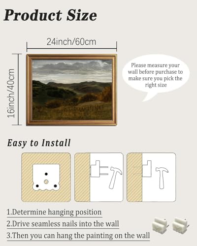 KBKBART Gold Framed Vintage Landscape Wall Art Retro Mountain Vintage Painting Prints Moody Countryside Farmhouse Landscape Wall Decor Canvas Wall Art for Living Room Bedroom Home Bathroom Decor16x24 - Image 3