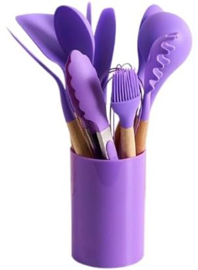 طقم توزيع سيليكون بيد خشب مع حامل – 12 قطعة - Image 1