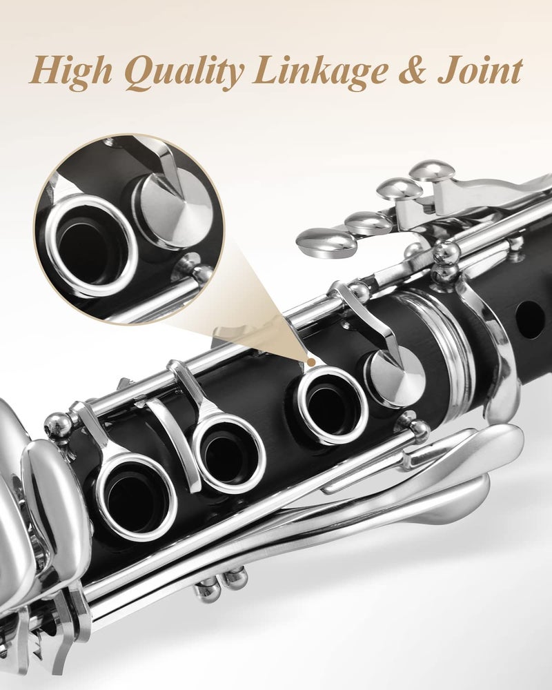 Eastar B Flat Clarinet for Beginner, Ebonite Clarinet Nickel-plated with 2 Barrels, 3 Reeds, White Gloves, Hard Case, Cleaning Kt, ECL-300 - Image 3