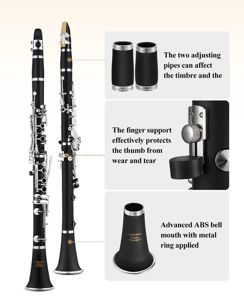 Eastar B Flat Clarinet for Beginner, Ebonite Clarinet Nickel-plated with 2 Barrels, 3 Reeds, White Gloves, Hard Case, Cleaning Kt, ECL-300 - Image 5
