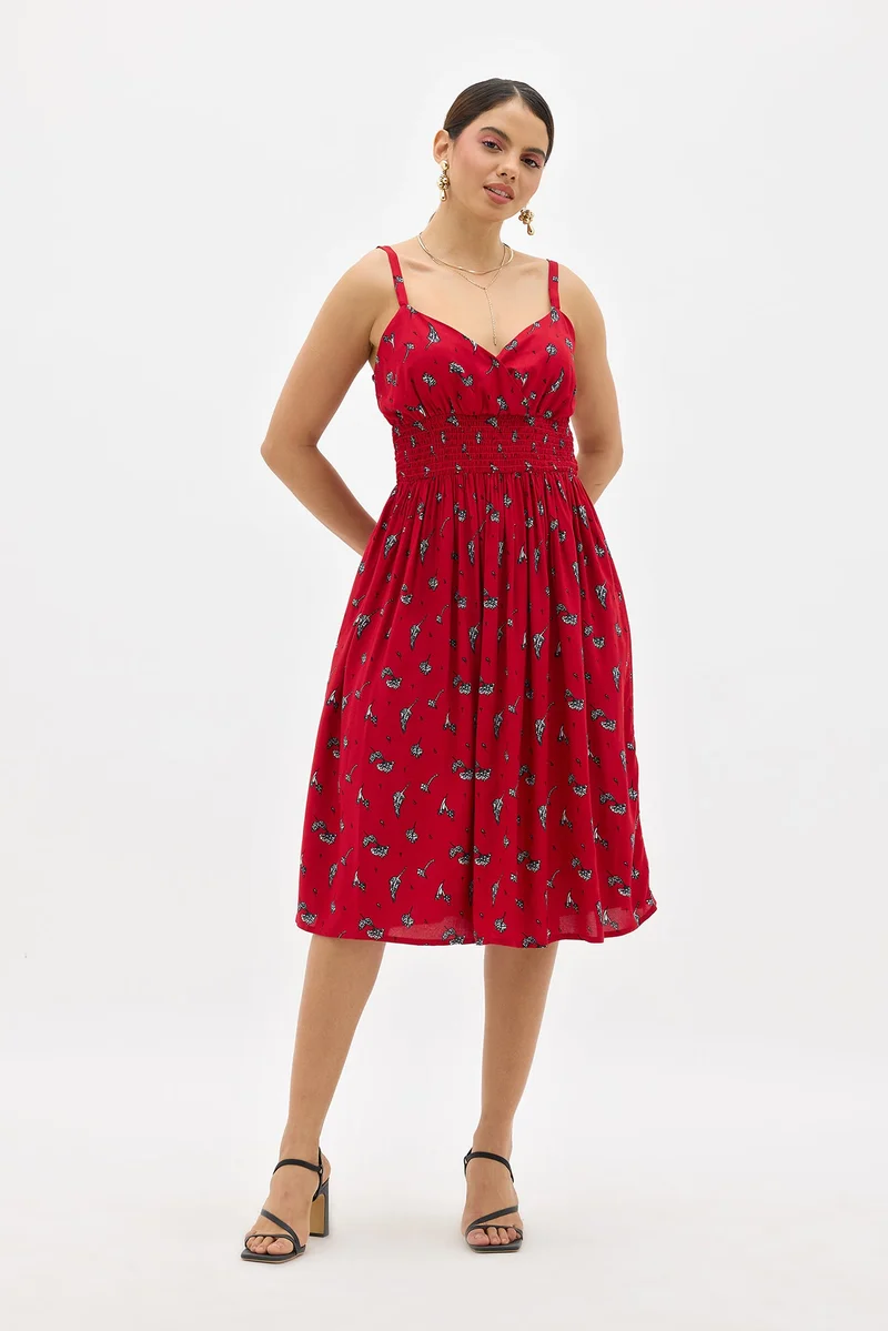 فيرجيو Viscose Floral Daywear Print Smocked Midi Dresses for Women