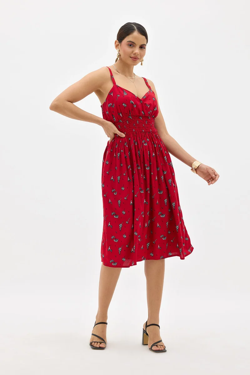 فيرجيو Viscose Floral Daywear Print Smocked Midi Dresses for Women