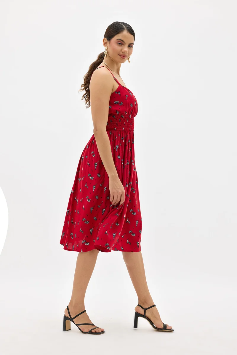 فيرجيو Viscose Floral Daywear Print Smocked Midi Dresses for Women