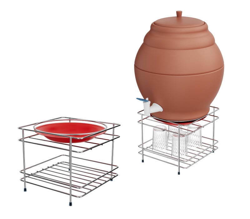 LAPO Heavy Stainless Steel Matka Stand with Tray, Water Pot & Dispenser Stand, Plant & Gamla Holder, Strong 4-Leg Design for Flat-Round Matka -Chrome Finish (Pack of 1) - Image 1