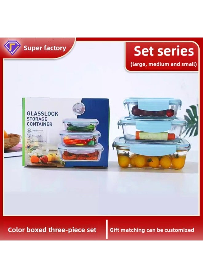 Set Glass Lunch Box Can Be Heated By Microwave Oven With Special Partition With Lid For Office Workers With Meal Box Fresh-keeping Bento Bowl-Specifications:Color Box Set Of Three 800ML 520ml 320ml-Color:Transparent White Cover