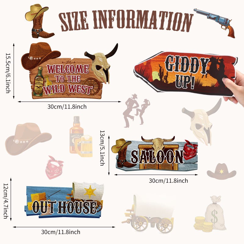 Faccito 24 Pcs Western Party Directional Sign Yard Cowboy Rodeo Theme Cutouts Wild West Welcome Sign Decor for Western Birthday Photo Props Backdrop Wall Party Decorations (Retro Color) - Image 2