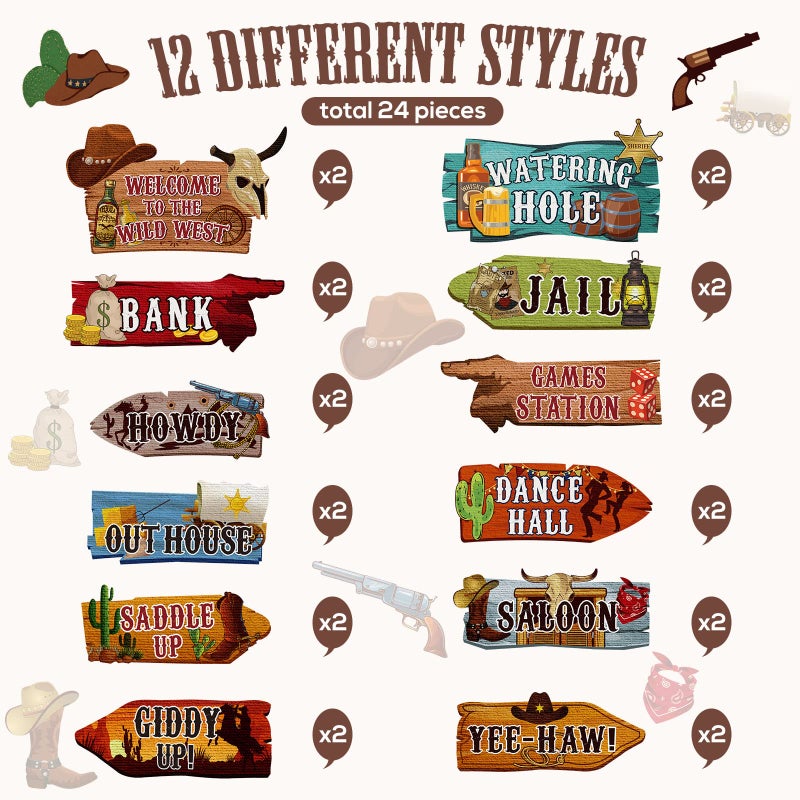 Faccito 24 Pcs Western Party Directional Sign Yard Cowboy Rodeo Theme Cutouts Wild West Welcome Sign Decor for Western Birthday Photo Props Backdrop Wall Party Decorations (Retro Color) - Image 3