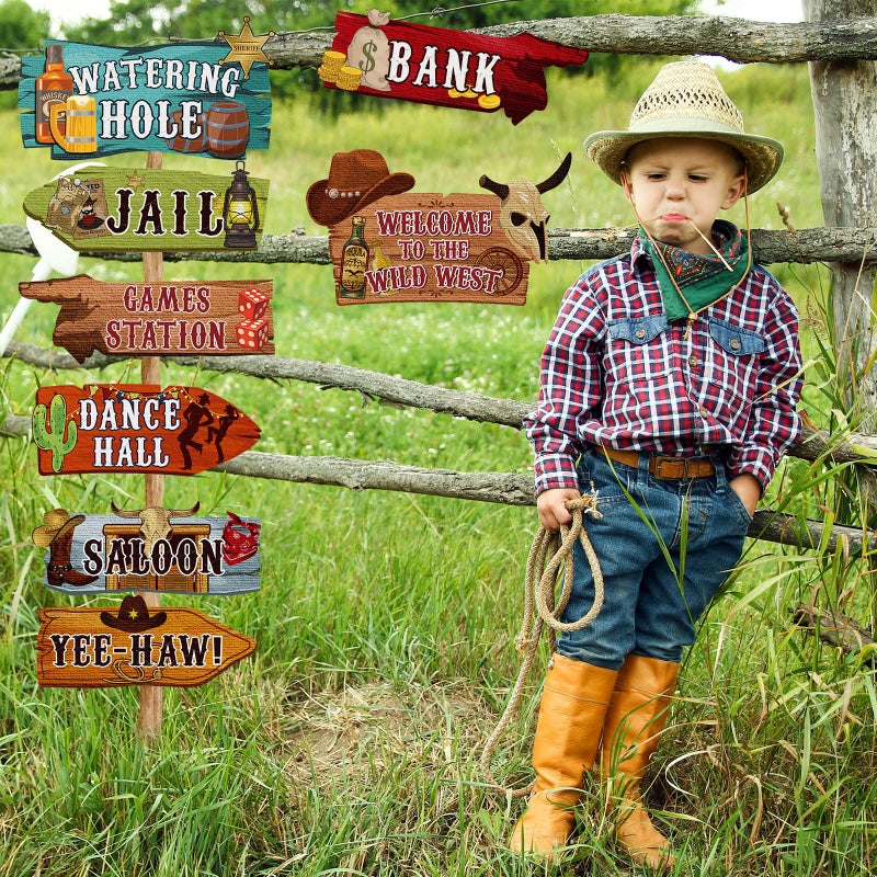 Faccito 24 Pcs Western Party Directional Sign Yard Cowboy Rodeo Theme Cutouts Wild West Welcome Sign Decor for Western Birthday Photo Props Backdrop Wall Party Decorations (Retro Color) - Image 5