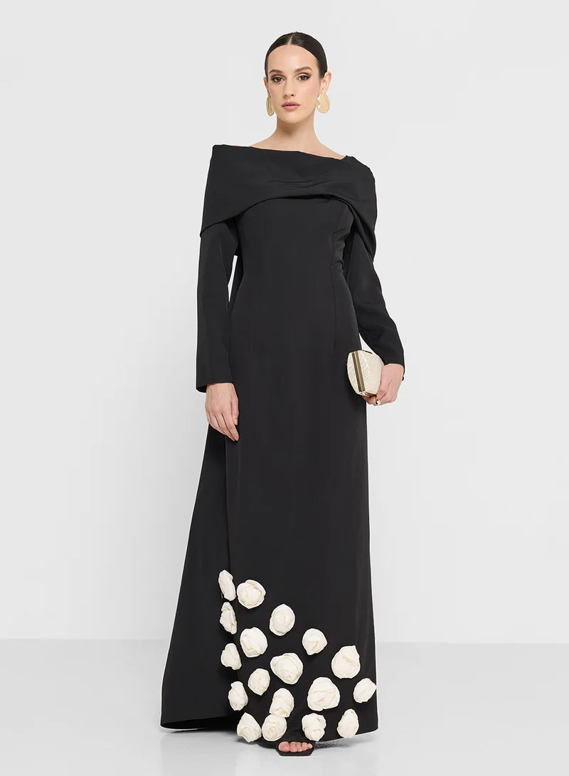 Namshi x One Shoulder Dress With Floral Detail & Trail