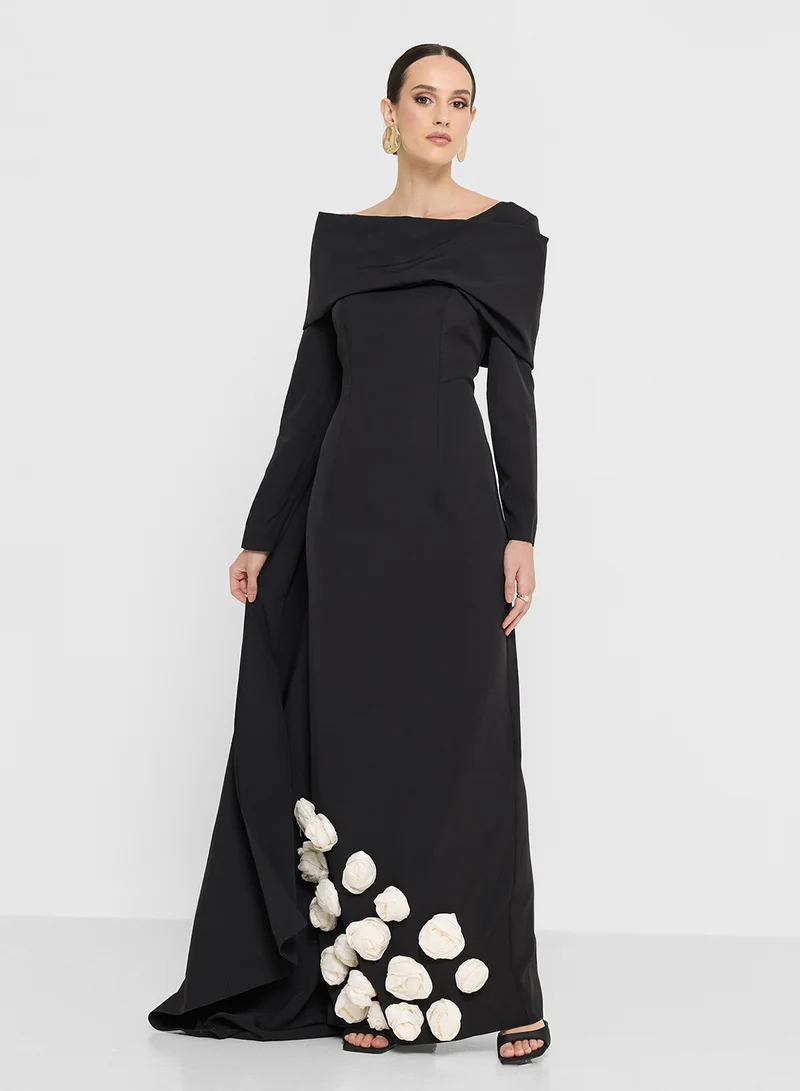نمشي x One Shoulder Dress With Floral Detail & Trail