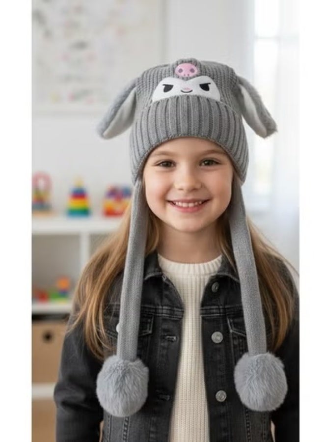 zoba Cute cartoon design winter hat for kids - soft wool hat with a push mechanism to move the ears - interactive and fun for children - warm and lightweight with push balls at the ends - suitable for girls and boys (grey) - Image 4