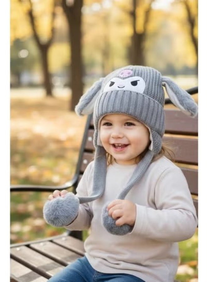 zoba Cute cartoon design winter hat for kids - soft wool hat with a push mechanism to move the ears - interactive and fun for children - warm and lightweight with push balls at the ends - suitable for girls and boys (grey) - Image 2