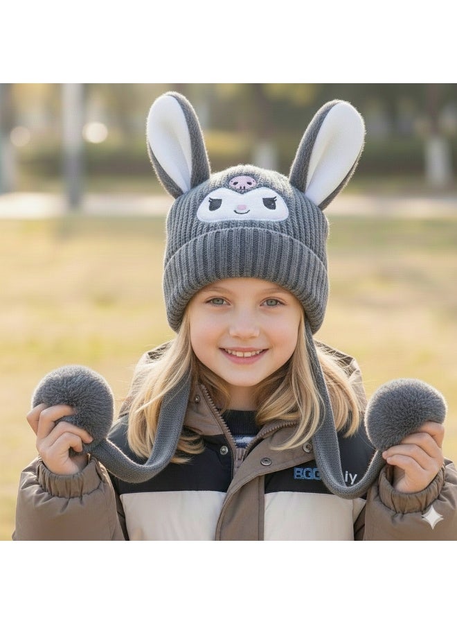 zoba Cute cartoon design winter hat for kids - soft wool hat with a push mechanism to move the ears - interactive and fun for children - warm and lightweight with push balls at the ends - suitable for girls and boys (grey) - Image 1