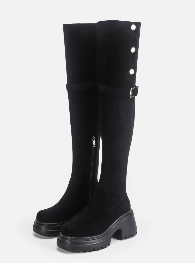 Loquat Womens Thick Soled Round Toe Knee High Boots Foldable Long Suede Boots Black  - Image 1