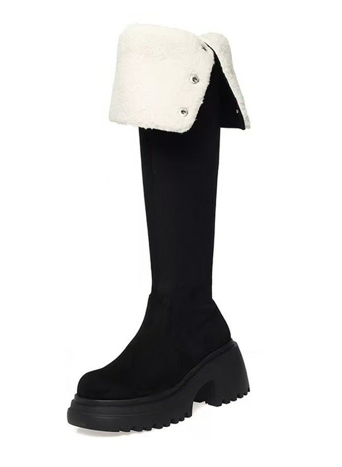 Loquat Womens Thick Soled Round Toe Knee High Boots Foldable Long Suede Boots Black  - Image 2