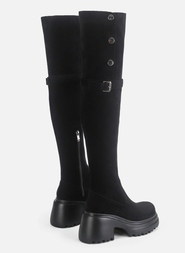 Loquat Womens Thick Soled Round Toe Knee High Boots Foldable Long Suede Boots Black  - Image 3