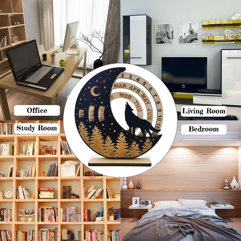 ENCIMART Rotatable Lone Wolf Moon Disk Unique Calendar Perpetual Calendar,ENCIMART Desk Calendar,6 Inch Mini Wooden Calendar Man Desk Decoration,Desk Accessories for Home Office Decor, Reusable Yearly - Image 4