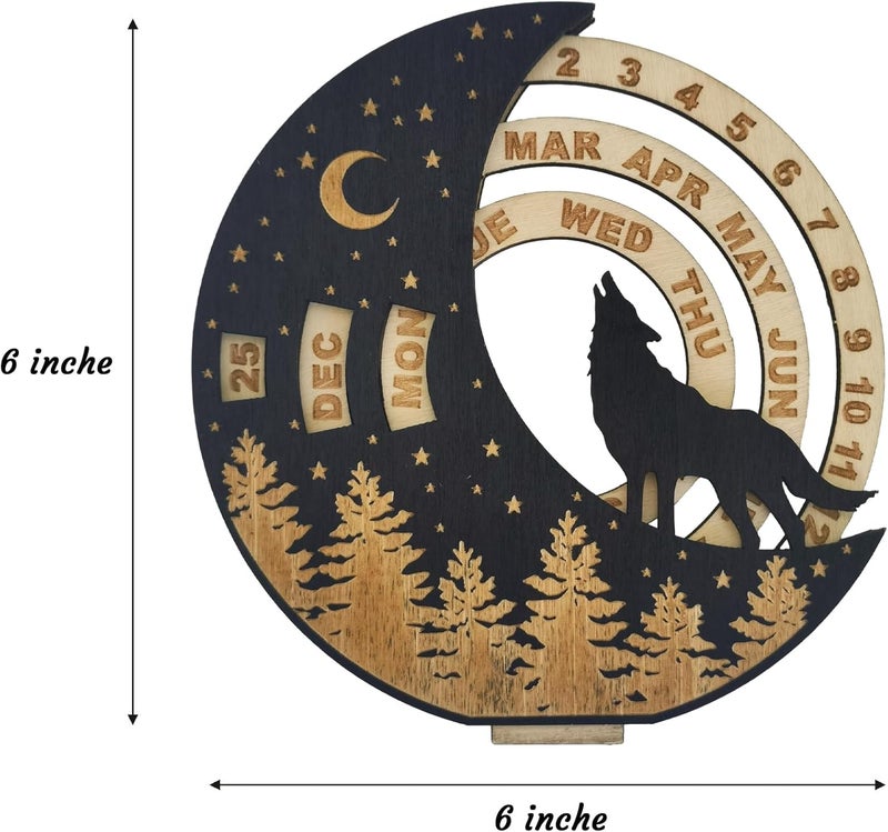 ENCIMART Rotatable Lone Wolf Moon Disk Unique Calendar Perpetual Calendar,ENCIMART Desk Calendar,6 Inch Mini Wooden Calendar Man Desk Decoration,Desk Accessories for Home Office Decor, Reusable Yearly - Image 5