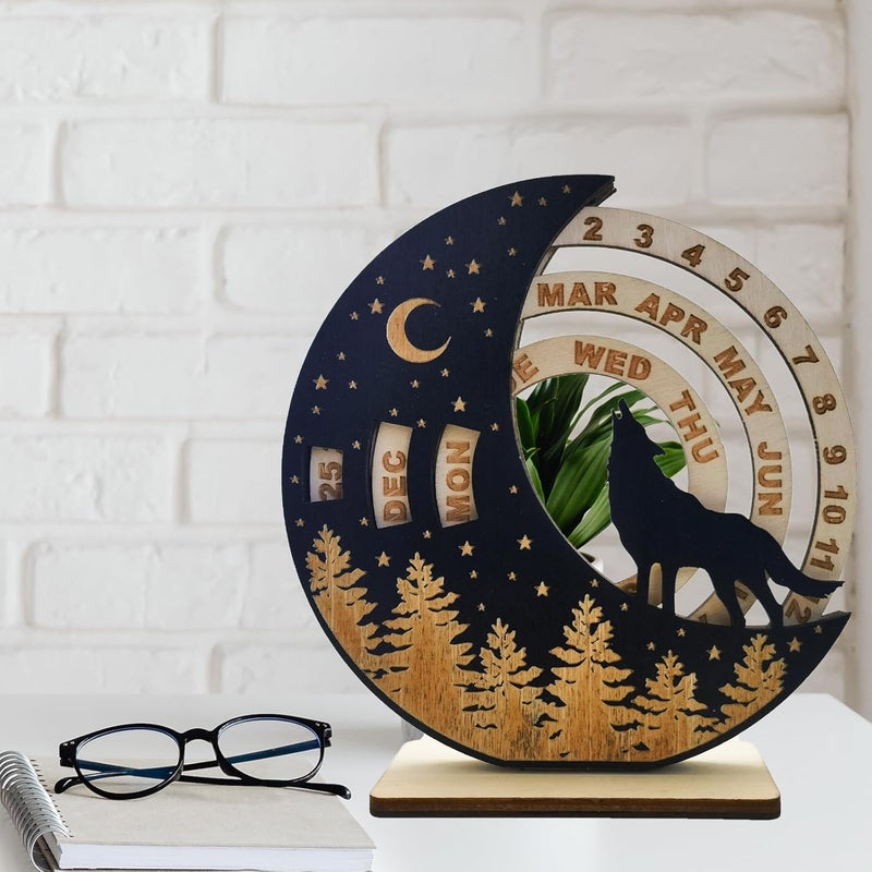 ENCIMART Rotatable Lone Wolf Moon Disk Unique Calendar Perpetual Calendar,ENCIMART Desk Calendar,6 Inch Mini Wooden Calendar Man Desk Decoration,Desk Accessories for Home Office Decor, Reusable Yearly - Image 3