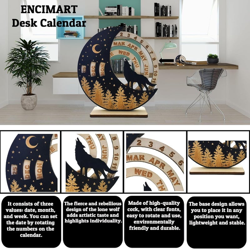ENCIMART Rotatable Lone Wolf Moon Disk Unique Calendar Perpetual Calendar,ENCIMART Desk Calendar,6 Inch Mini Wooden Calendar Man Desk Decoration,Desk Accessories for Home Office Decor, Reusable Yearly - Image 2