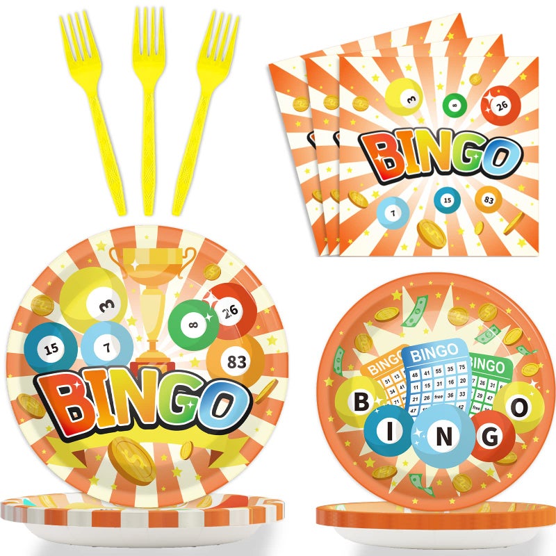 Wiooffen 96 Pcs Bingo Party Supplies Pack for 24 Guests Bingo Party Tableware Set Party Decorations Bingo Birthday Paper Plate Napkin Fork