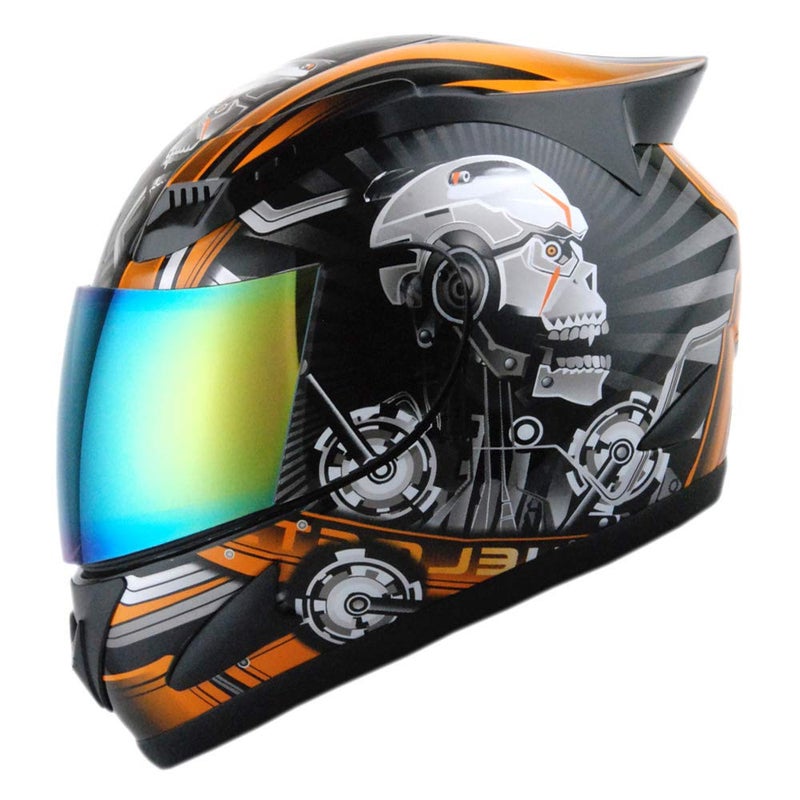 1Storm Motorcycle Bike Full FACE Helmet Mechanic Skull - Tinted Visor Orange - Image 5