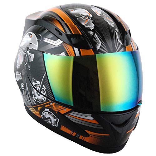 1Storm Motorcycle Bike Full FACE Helmet Mechanic Skull - Tinted Visor Orange - Image 2