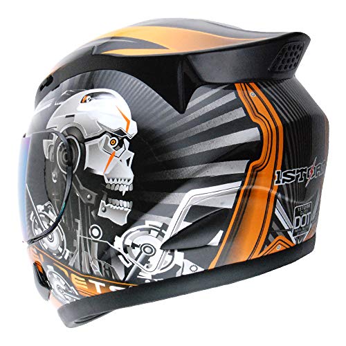 1Storm Motorcycle Bike Full FACE Helmet Mechanic Skull - Tinted Visor Orange - Image 4