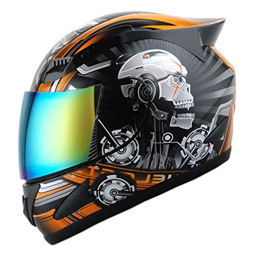 1Storm Motorcycle Bike Full FACE Helmet Mechanic Skull - Tinted Visor Orange - Image 1