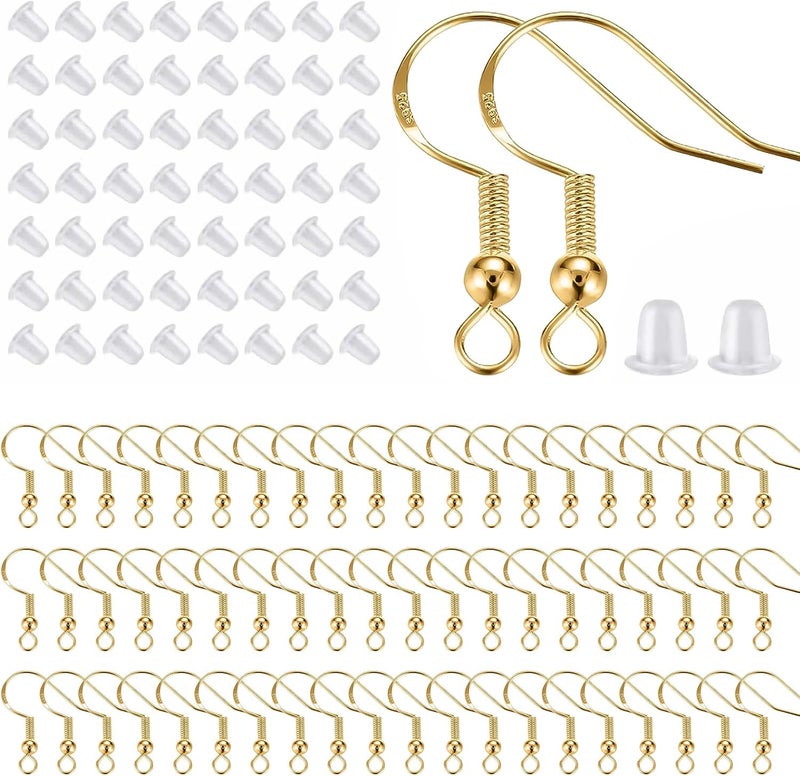 Lhedon 925 Sterling Silver Earring Hooks 200 PCS, Gold Earring Hooks for Jewelry Making, Hypoallergenic Fish Hook Earrings Making Kit, DIY Earring, with 200PCS Earring Backs and 200PCS Jump Rings - Image 1